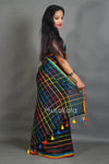 Black Cotton Saree with Multicolor Check Pattern & Rainbow Border