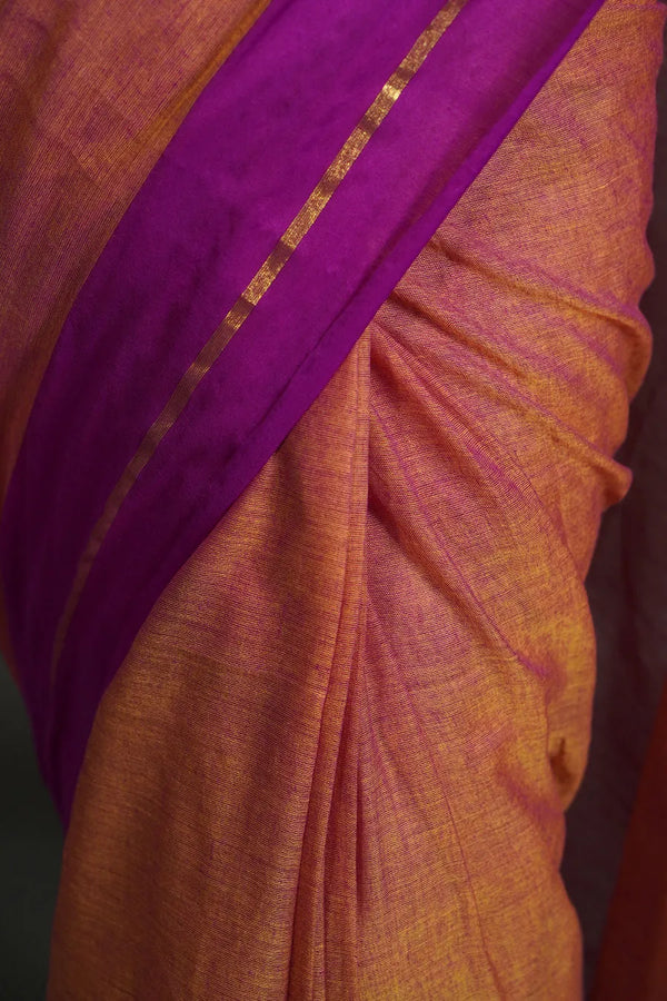 Rust Orange Cotton Saree with Purple Border