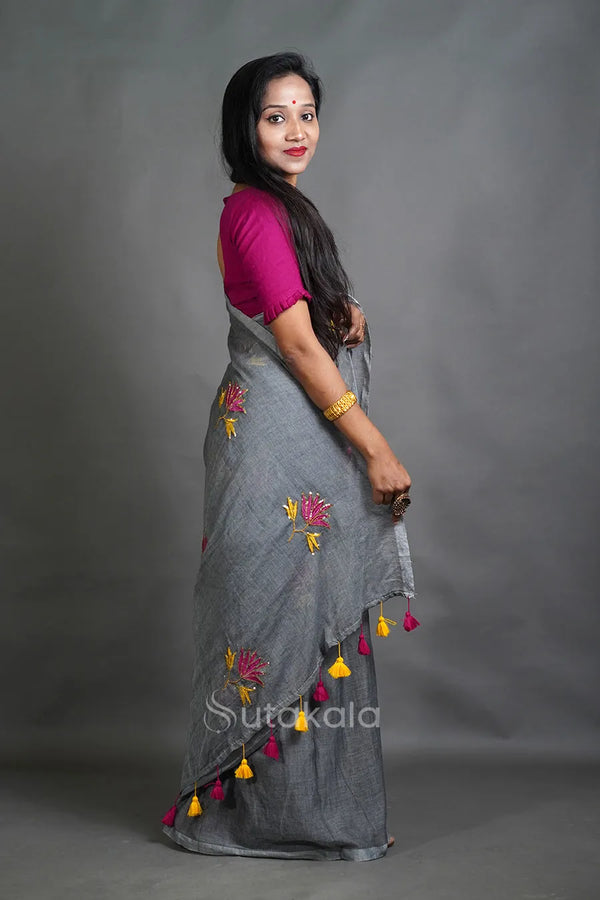 Silver Lotus Sequence Cotton Saree with Floral Thread Work