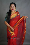 Red Cotton Saree with Golden Border & Elegant Thread Work