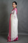 Off-White Cotton Saree with Pink Border & Elegant Thread Work Detailing