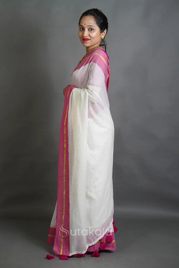 Off-White Cotton Saree with Pink Border & Elegant Thread Work Detailing