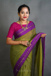 Olive Green Cotton Saree with Purple Border & Elegant Thread Work