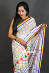 White Linen Cotton Saree with Multicolor Check Pattern