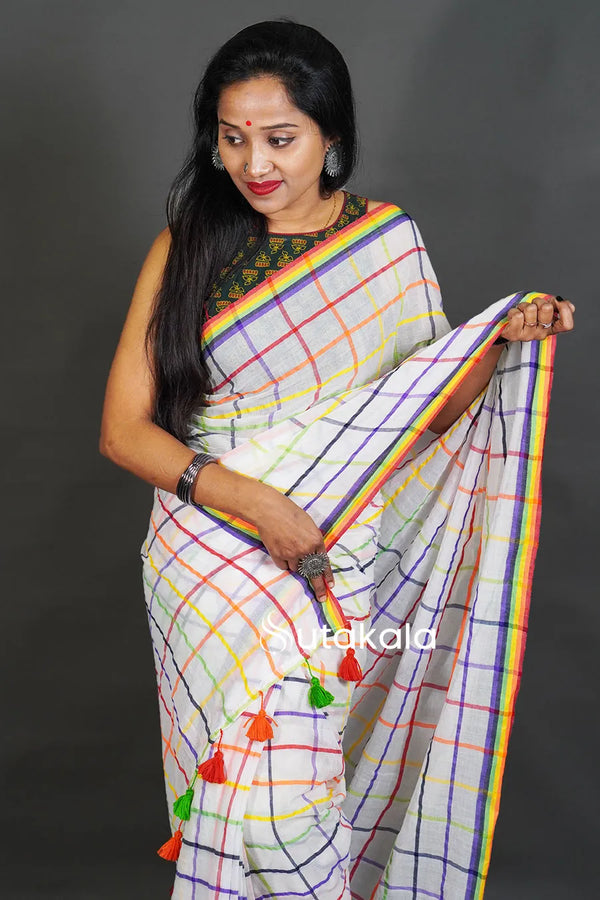 White Linen Cotton Saree with Multicolor Check Pattern