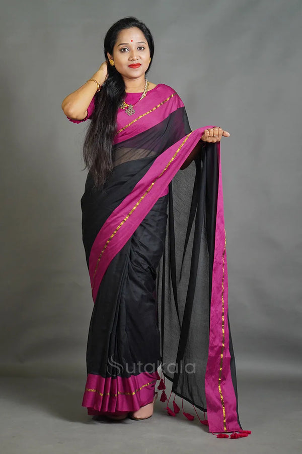 Black Cotton Saree with Magenta Border & Elegant Thread Work