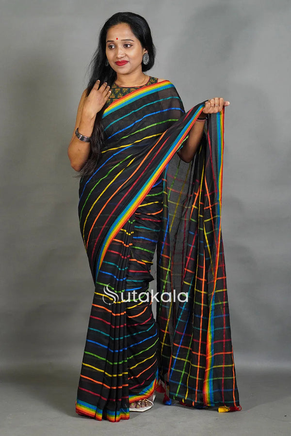 Black Cotton Saree with Multicolor Check Pattern & Rainbow Border