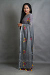Silver Lotus Sequence Cotton Saree with Floral Thread Work