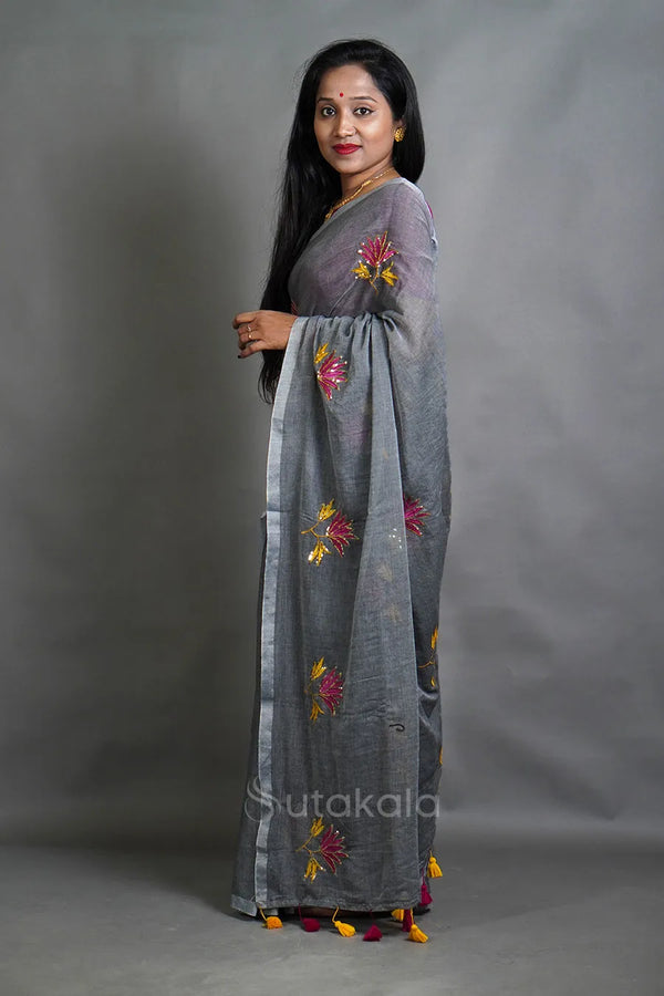 Silver Lotus Sequence Cotton Saree with Floral Thread Work