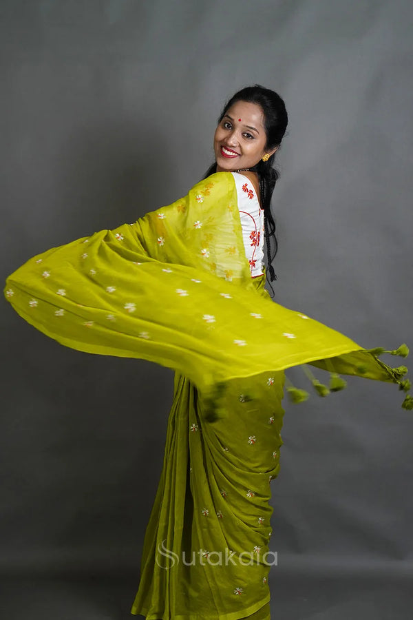 Green Mul Cotton Saree with All-Over Floral Thread Work