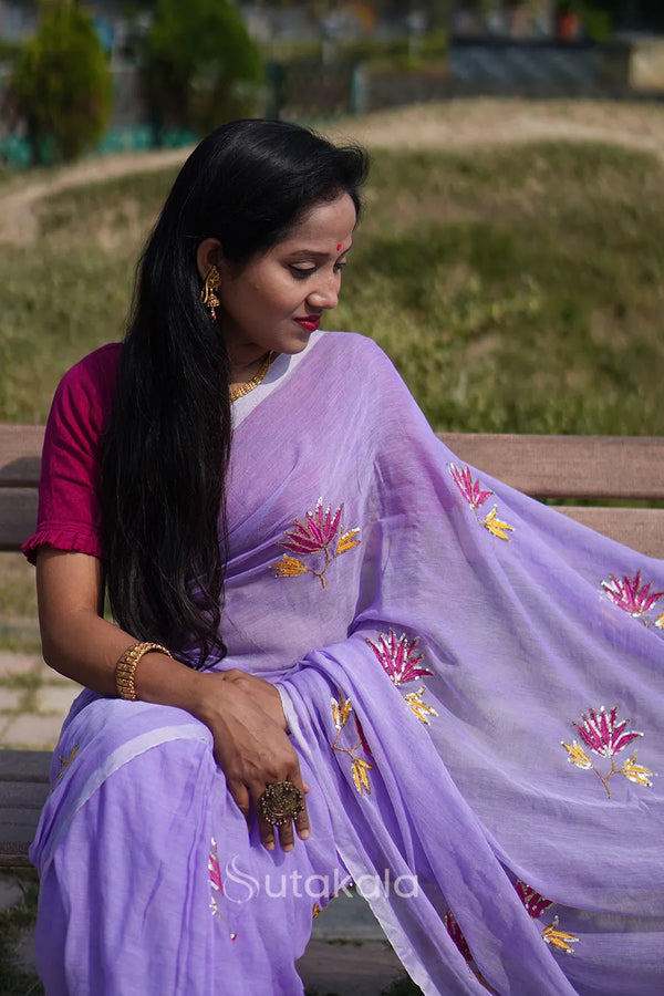 Lavender Cotton Saree with Floral Thread Work Embroidery