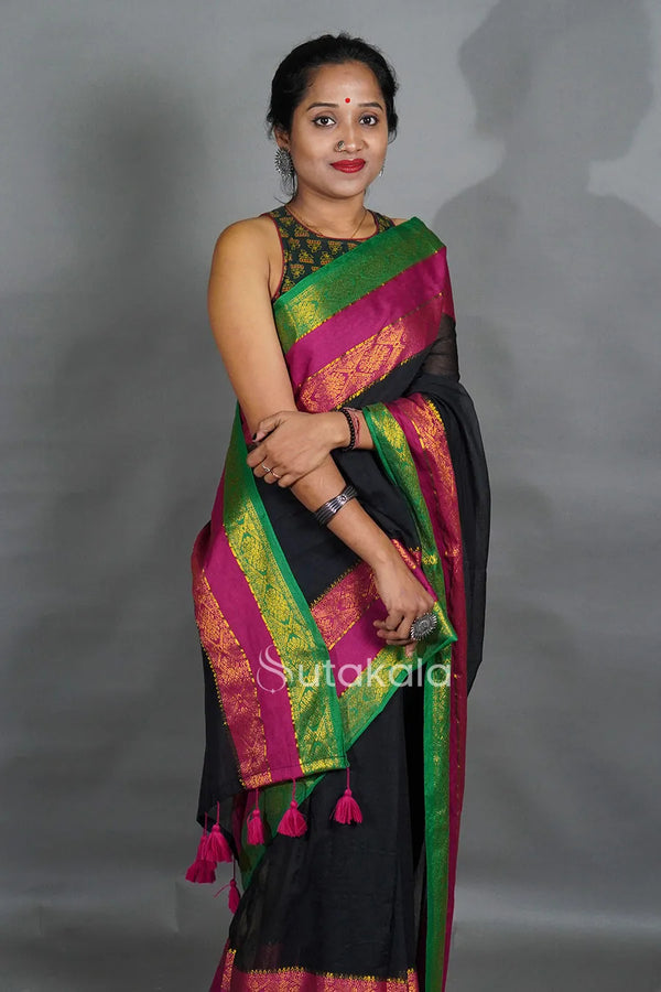 Black Saree with Traditional Jacquard Border & Tassels