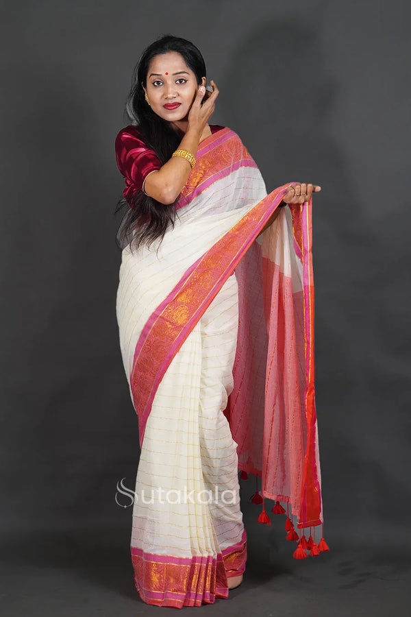 White Mul Cotton Saree with Fancy Border