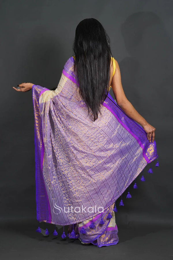 White Cotton Saree with Pompom Pallu With Blue Border