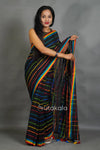 Black Cotton Saree with Multicolor Check Pattern & Rainbow Border