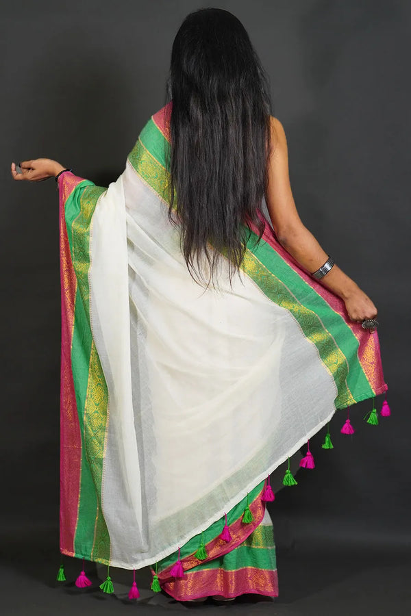 Elegant Off-White Cotton Silk Saree with Zari Border and Tassels