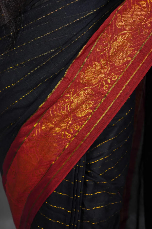 Black Mul Cotton Saree with Red & Gold Thread Work