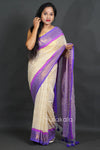 White Cotton Saree with Pompom Pallu With Blue Border