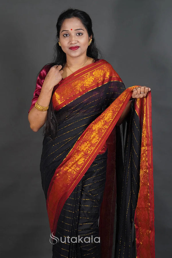 Black Mul Cotton Saree with Red & Gold Thread Work