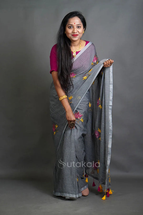 Silver Lotus Sequence Cotton Saree with Floral Thread Work