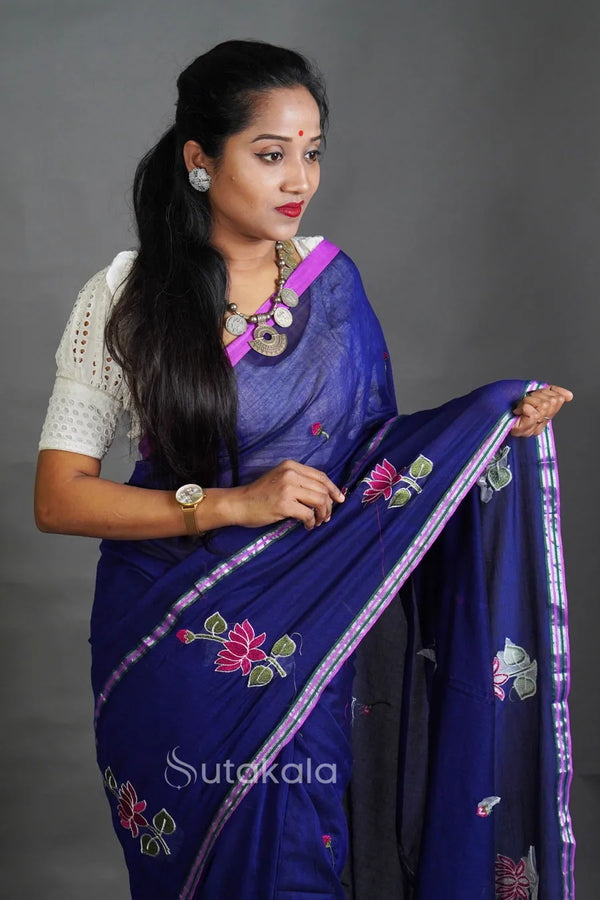 Elegant Cotton Saree with Floral Thread Work & Silver Border