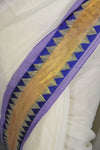 Off-White Cotton Saree with Blue Border & Elegant Thread Work