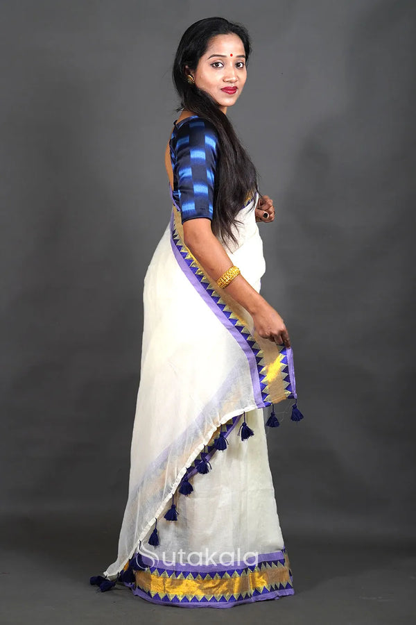 Off-White Cotton Saree with Blue Border & Elegant Thread Work