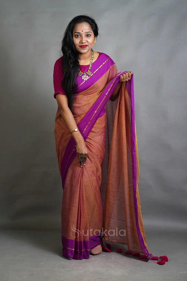 Rust Orange Cotton Saree with Purple Border