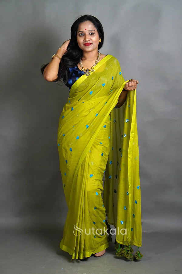 Green Linen Cotton Saree with Handwoven Motifs