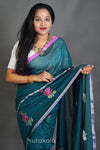 Elegant Cotton Saree with Intricate Floral Thread Work & Silver Border
