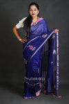 Elegant Cotton Saree with Floral Thread Work & Silver Border