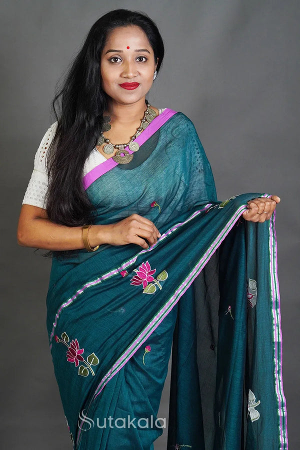 Elegant Cotton Saree with Intricate Floral Thread Work & Silver Border