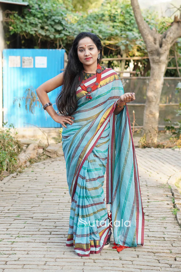 Multicolour Blue Mul Cotton Striped Saree With BP