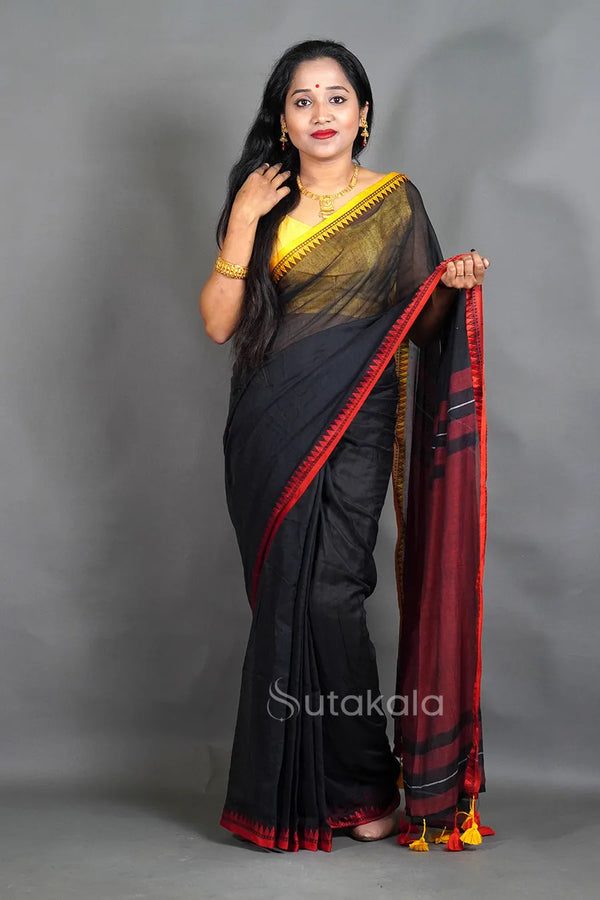 Black Mul Cotton Saree with Thread Border