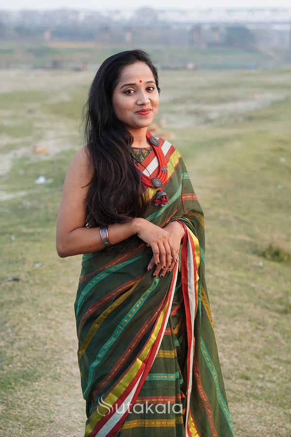 Green Multicolour Mul Cotton Striped Saree