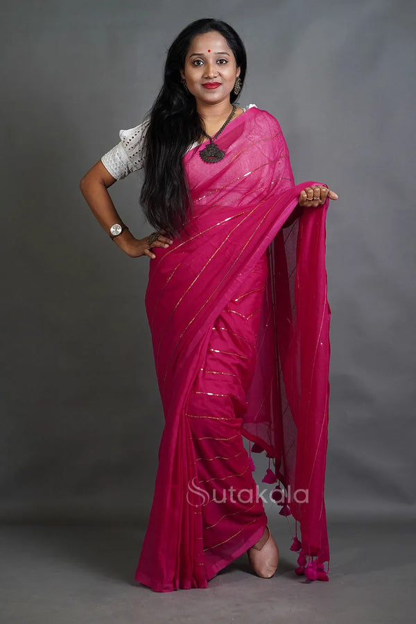 Handloom Cotton Saree with Golden Stripe Detailing & Tassels