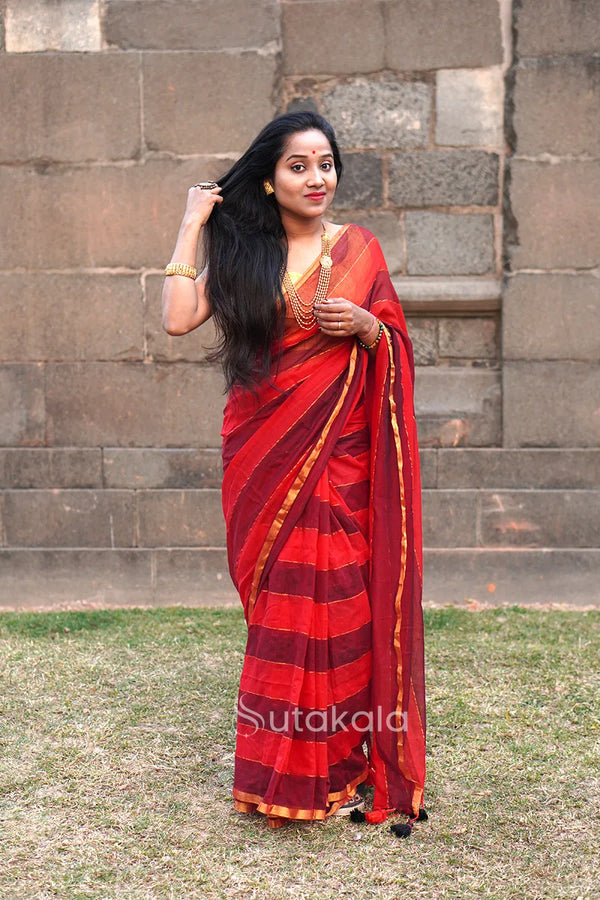 Red Black Mul Striped Cotton Saree With BP