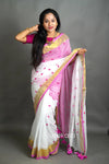 White & Pink Cotton Silk Saree with Handwoven Motifs and Gold Border