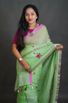 Green Mul Cotton Saree with Thread Work Embroidery