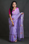 Violet Mul Cotton Saree with Thread Work Embroidery