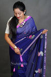 Elegant Cotton Saree with Floral Thread Work & Silver Border