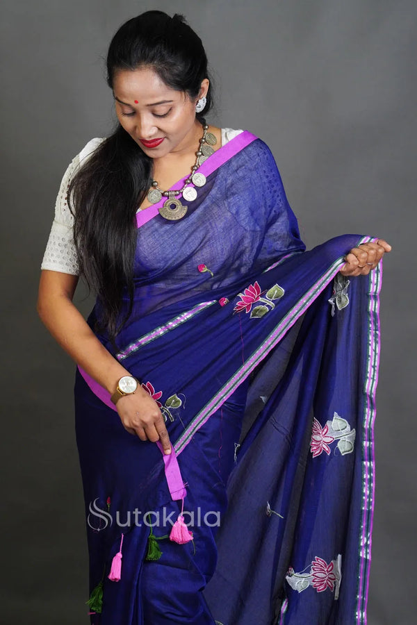 Elegant Cotton Saree with Floral Thread Work & Silver Border