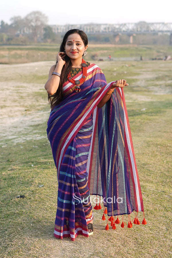 Multicolour Blue Mul Cotton Striped Saree