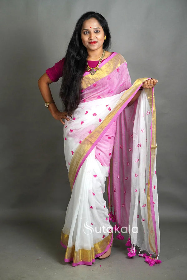 White & Pink Cotton Silk Saree with Handwoven Motifs and Gold Border