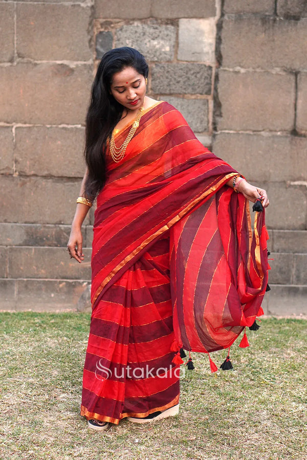 Red Black Mul Striped Cotton Saree With BP