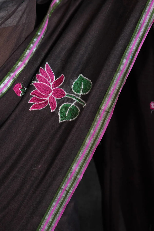 Dark Coffee Cotton Saree with Thread Work Embroidery