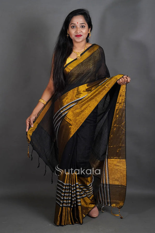 Black & Gold Tissue Silk Saree with Classic Contrast Border