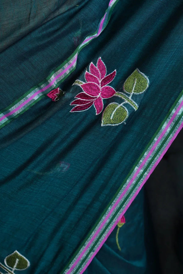 Elegant Cotton Saree with Intricate Floral Thread Work & Silver Border