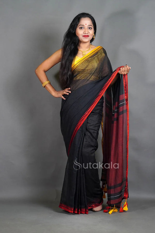 Black Mul Cotton Saree with Thread Border