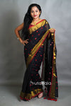 Black Cotton Silk Saree with Handwoven Motifs and Gold Border